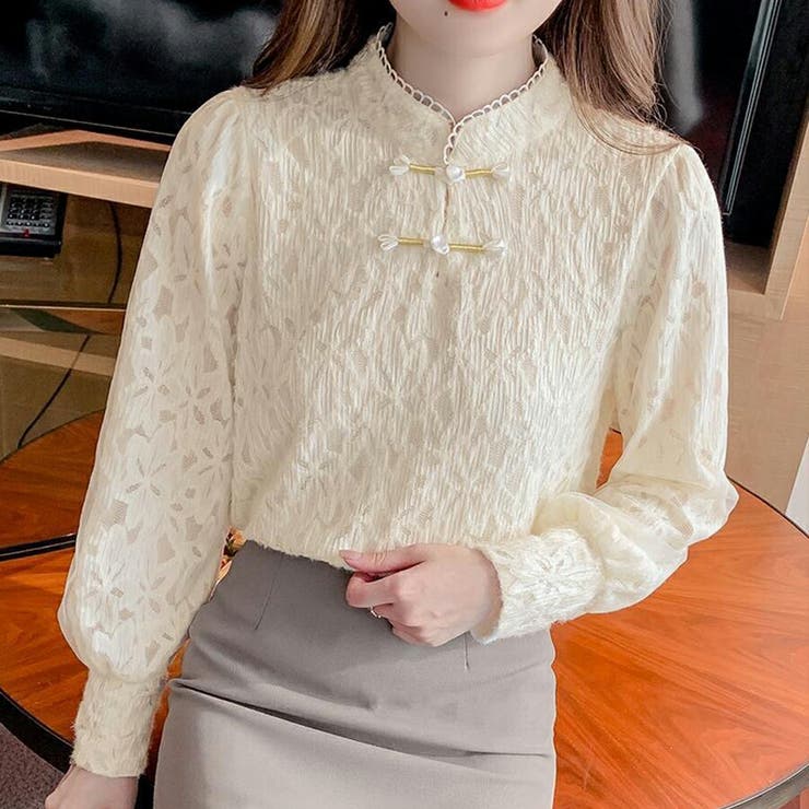 チャイナボタンフラワーレースカットソー 暖かい おしゃれ | SLENDER | 詳細画像5 