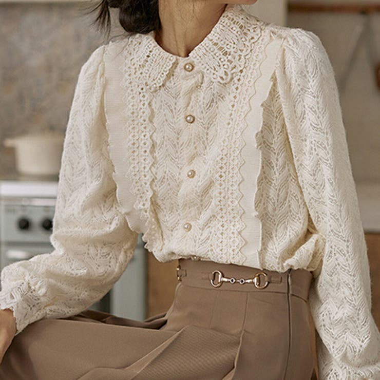 フリルレース長袖ブラウス 裏地付き 透け感 | SLENDER | 詳細画像1 