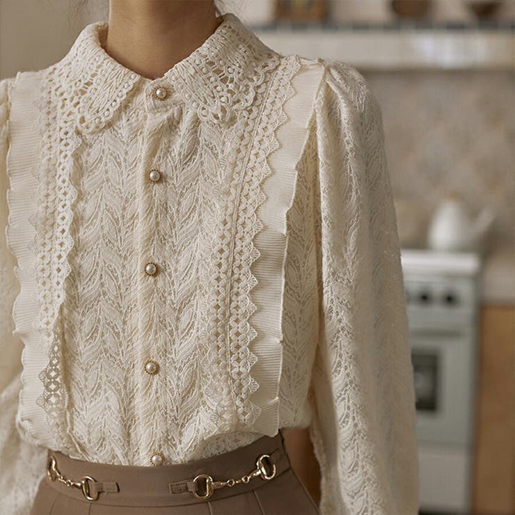 アイボリー | フリルレース長袖ブラウス 裏地付き 透け感 | SLENDER