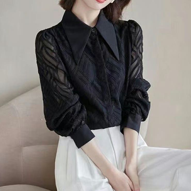 リーフ柄立体模様シフォンブラウス ブラック 袖シアー素材 | SLENDER | 詳細画像1 