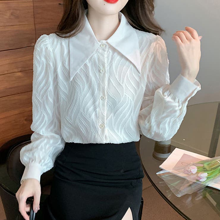 ホワイト | リーフ柄立体模様シフォンブラウス ブラック 袖シアー素材 | SLENDER