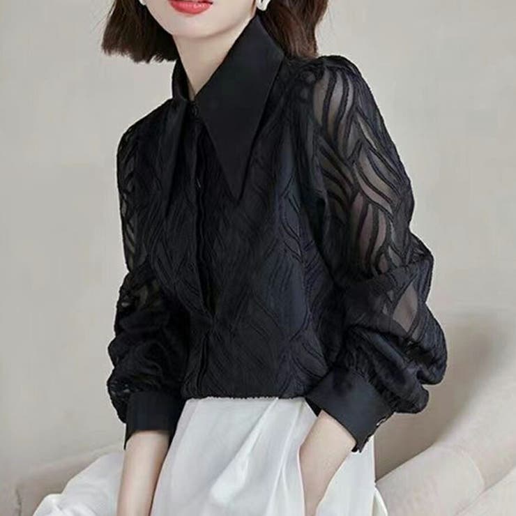 リーフ柄立体模様シフォンブラウス ブラック 袖シアー素材 | SLENDER | 詳細画像2 