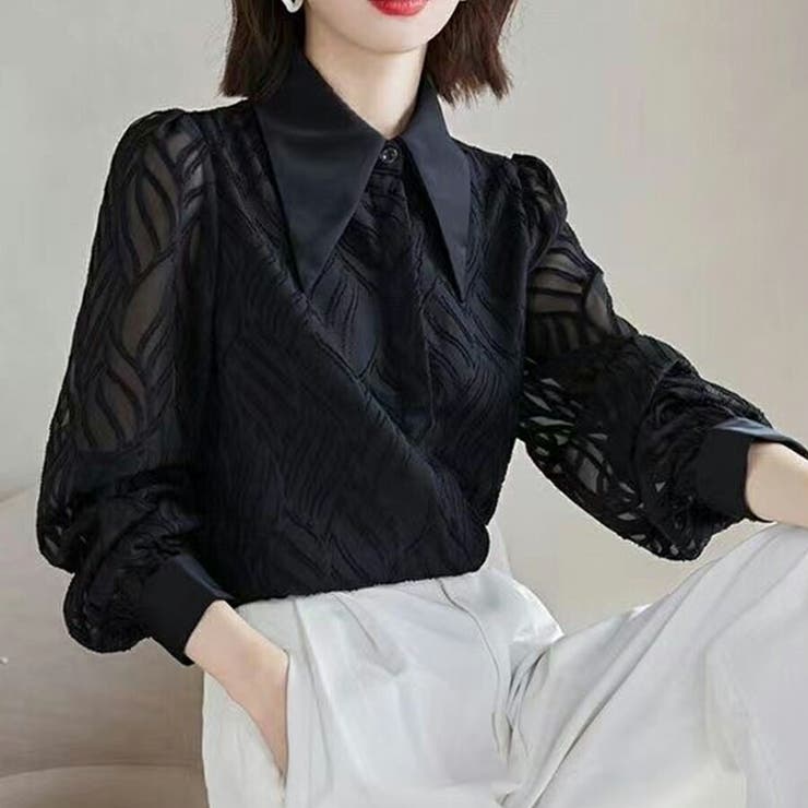 リーフ柄立体模様シフォンブラウス ブラック 袖シアー素材 | SLENDER | 詳細画像5 