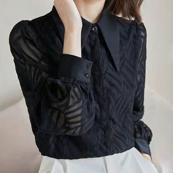 ブラック | リーフ柄立体模様シフォンブラウス ブラック 袖シアー素材 | SLENDER