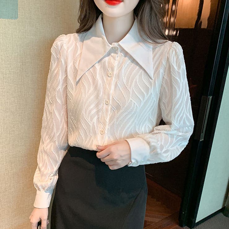 リーフ柄立体模様シフォンブラウス ブラック 袖シアー素材 | SLENDER | 詳細画像4 