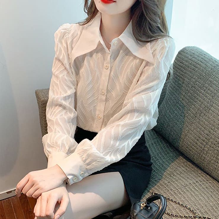 リーフ柄立体模様シフォンブラウス ブラック 袖シアー素材 | SLENDER | 詳細画像6 