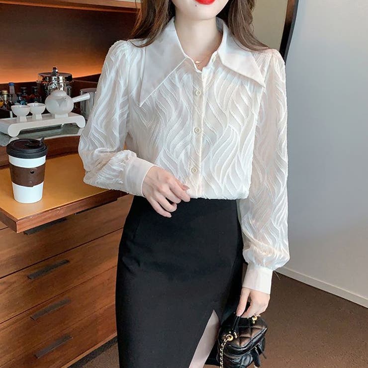 リーフ柄立体模様シフォンブラウス ブラック 袖シアー素材 | SLENDER | 詳細画像7 