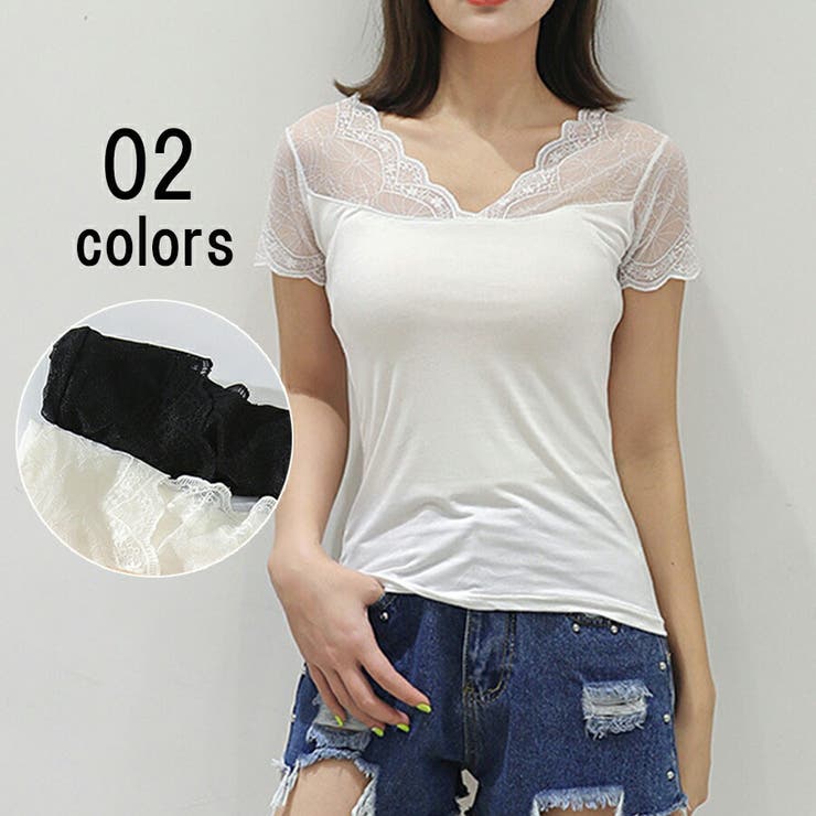 半袖レース切り替えVネックインナー 重ね着 レイヤード | SLENDER | 詳細画像1 