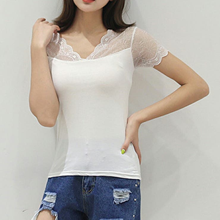 半袖レース切り替えVネックインナー 重ね着 レイヤード | SLENDER | 詳細画像2 