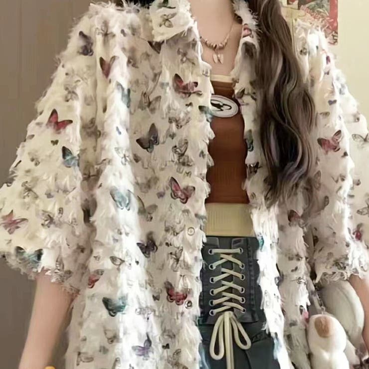 半袖バタフライシャギーシャツ フリンジ加工 個性的 | SLENDER | 詳細画像2 