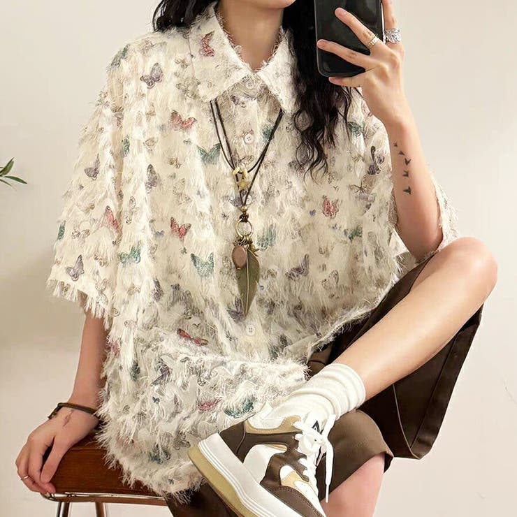 マルチ | 半袖バタフライシャギーシャツ フリンジ加工 個性的 | SLENDER