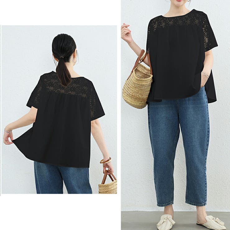 【レリアン】切り替えチュニックブラウス/黒 半袖11号/新品未使用/更にお値下げ レリアン Leilian/半袖プルオーバーチュニック 11（レリアン