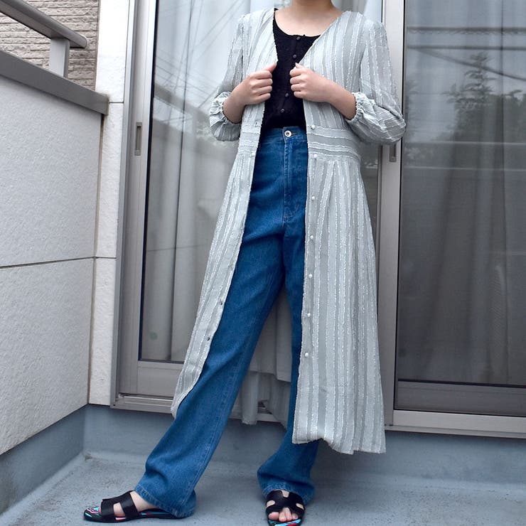 ストライプレース七分袖Vネックシフォンワンピース シアーシャツワンピース ストラ… | SLENDER | 詳細画像29 