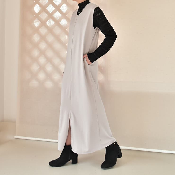2wayスリットVネックワンピース ゆるいシルエット シンプル[品番