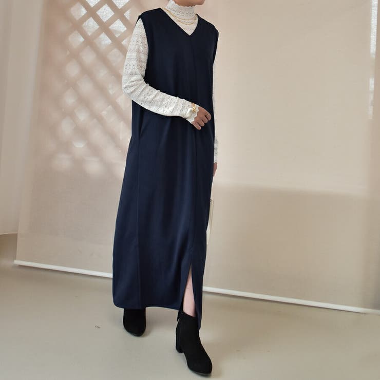 2wayスリットVネックワンピース ゆるいシルエット シンプル[品番