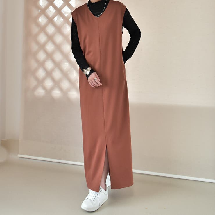 2wayスリットVネックワンピース ゆるいシルエット シンプル[品番