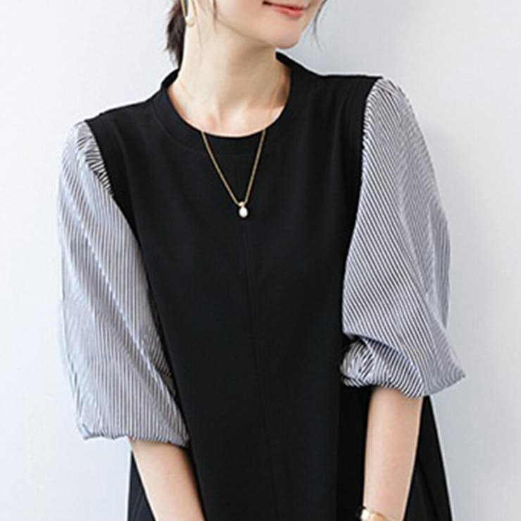 7分袖異素材ドッキングワンピース ロング丈 カジュアル | SLENDER | 詳細画像4 