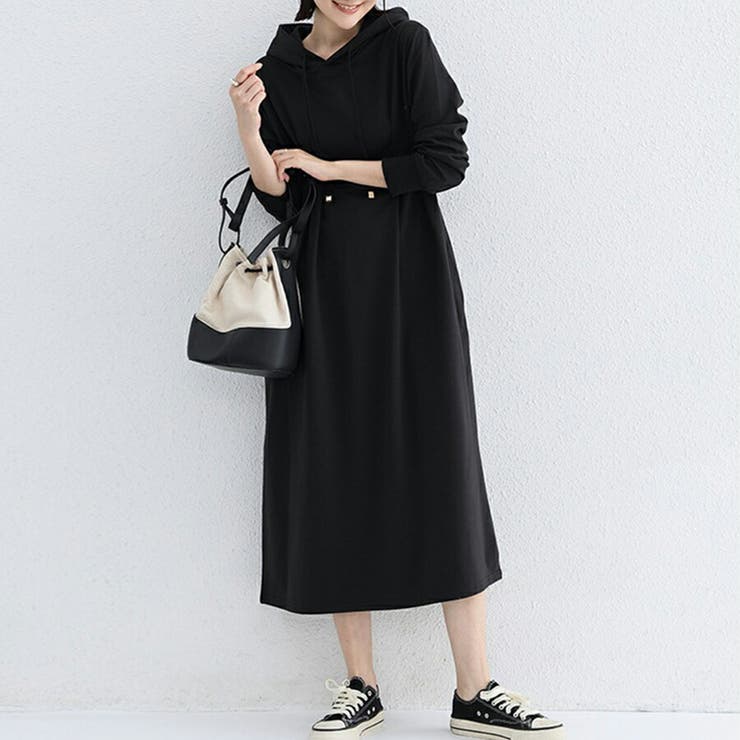 クールな価格でホットなピック ウエストタックパーカーワンピース ロング丈 Aライン[品番 女性用