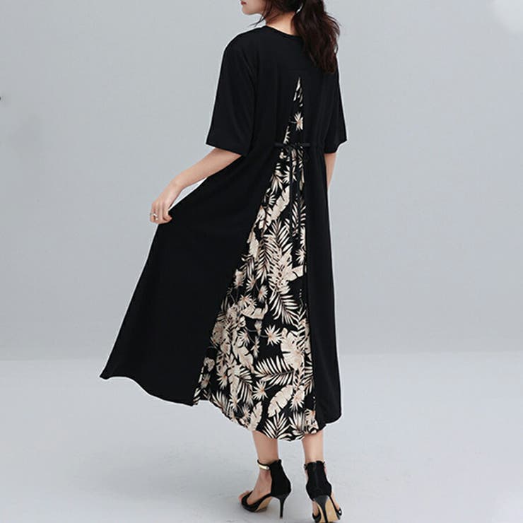 ブラック | バック切り替え半袖ワンピース レイヤード風ワンピース 5分袖 | SLENDER