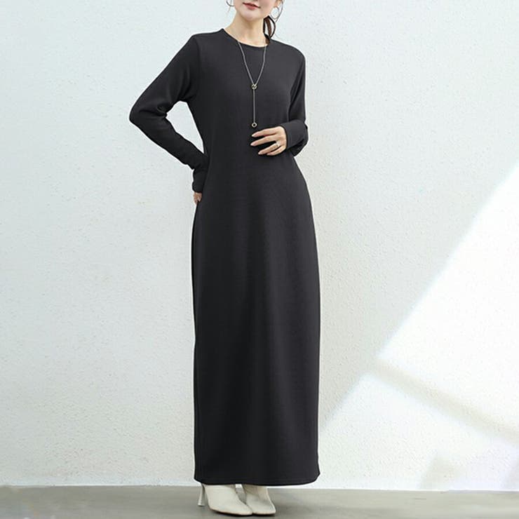 ブラック | 微起毛ロングワンピース ロング丈 ふんわり | SLENDER