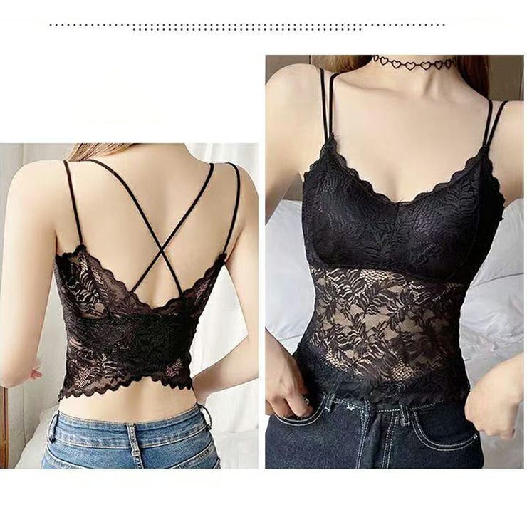 ブラック | バックレースカップ付きキャミソール 総レース M | SLENDER