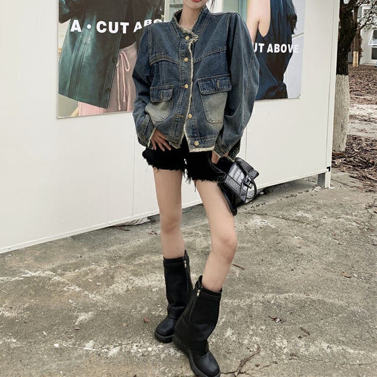 ノーカラーデニムジャケット アウター 重ね着[品番:XL000003123 ノーカラーデニムジャケット アウター 重ね着[品番:XL000003123