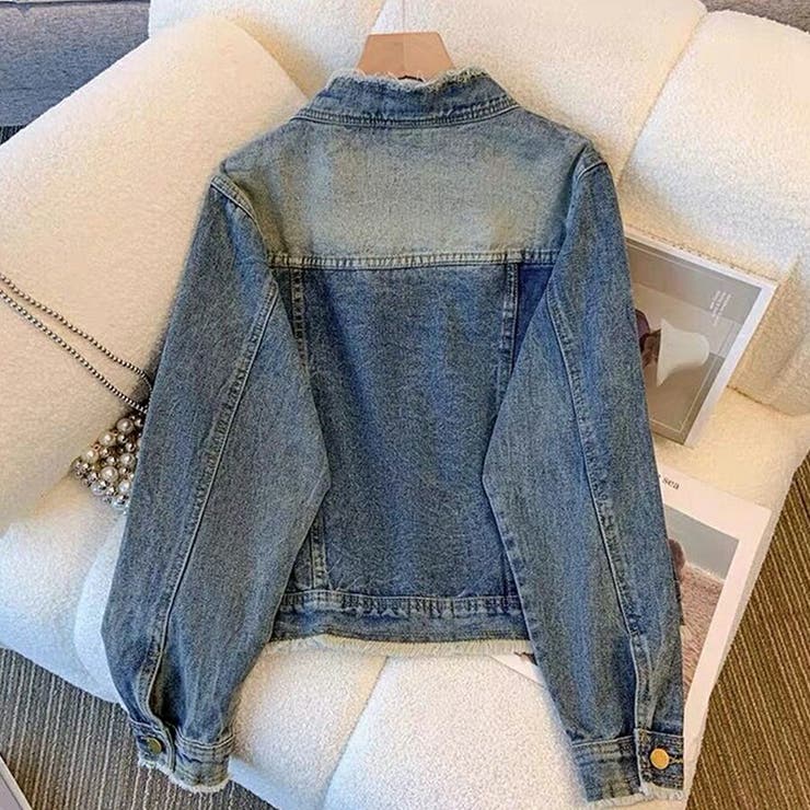 ノーカラーデニムジャケット アウター 重ね着[品番：XL000003123
