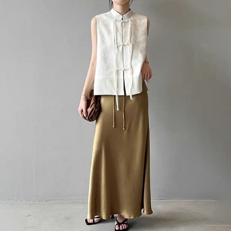 【うさとの服】ヘンプ素材 チャイナ風デザイン ロングジレ ベスト チャイナ服 モダンチャイナ風ロングドレス（ワンピース