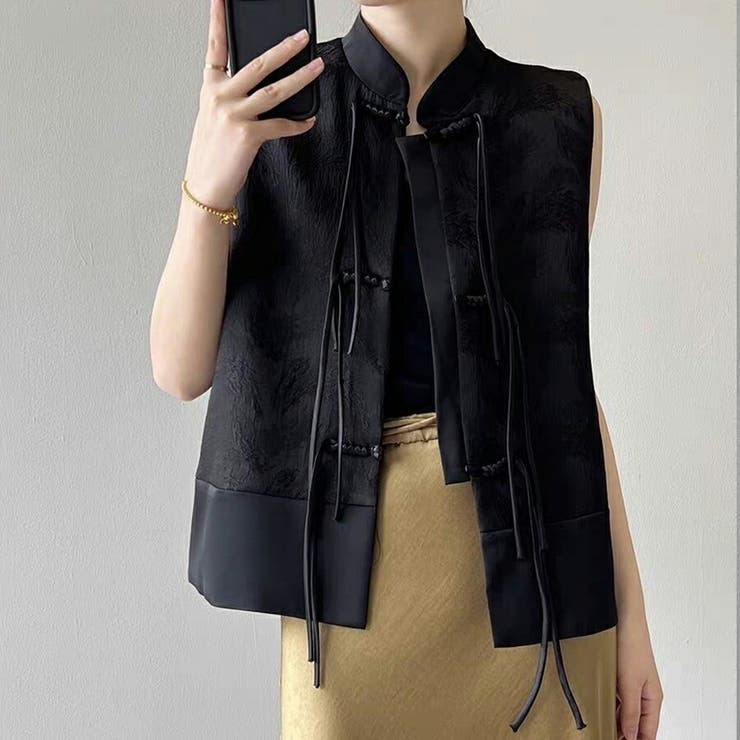 【うさとの服】ヘンプ素材 チャイナ風デザイン ロングジレ ベスト チャイナ風デザインベスト 中華風 個性的[品番：XL000003397