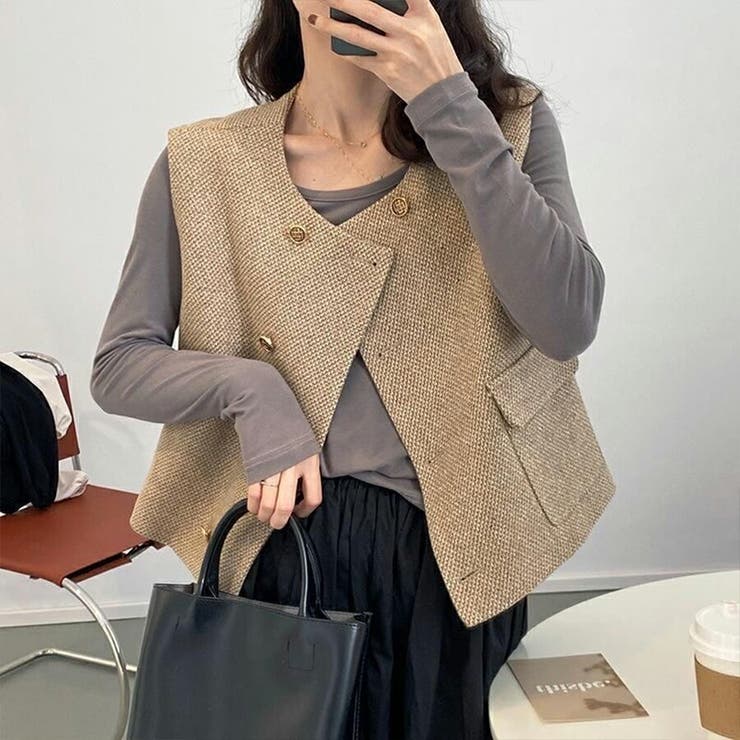 重ねデザインショートベスト ツイード 韓国ファッション | SLENDER | 詳細画像2 