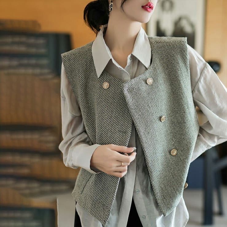 グレー | 重ねデザインショートベスト ツイード 韓国ファッション | SLENDER