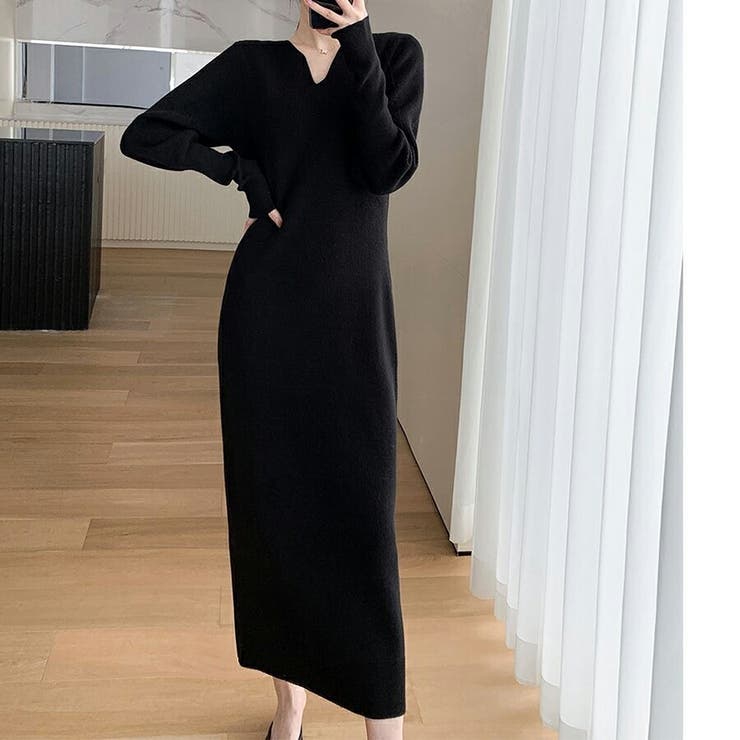 Vネックリブニットワンピース シンプル 無地[品番：XL000002277