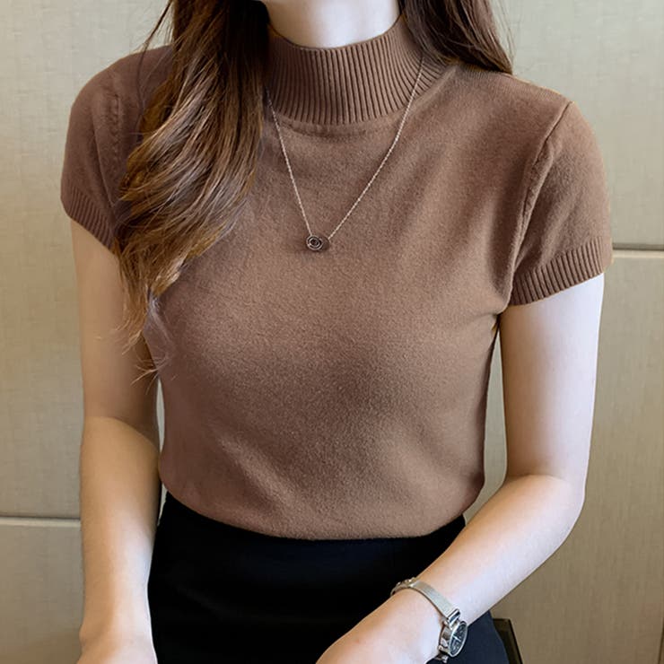 ERMANNO SCERVINO レース装飾ハイネックニット 半袖 グレー系 ハイネック半袖カラーニット シンプル 重ね着[品番：XL000002440