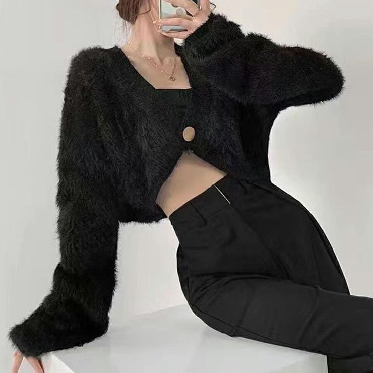 ふわふわモヘアタッチショートカーディガン ショート丈 フェイクファー