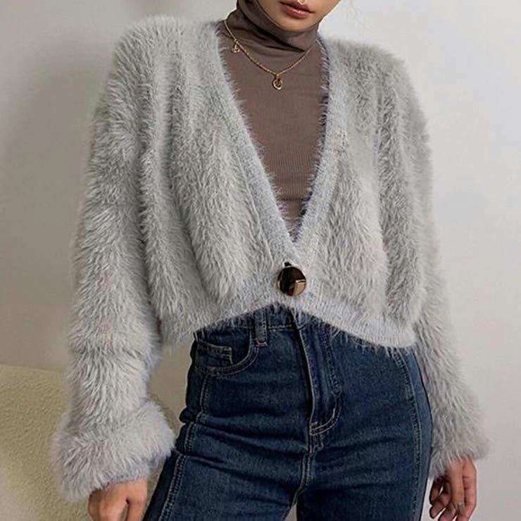 ふわふわモヘアタッチショートカーディガン ショート丈 フェイクファー