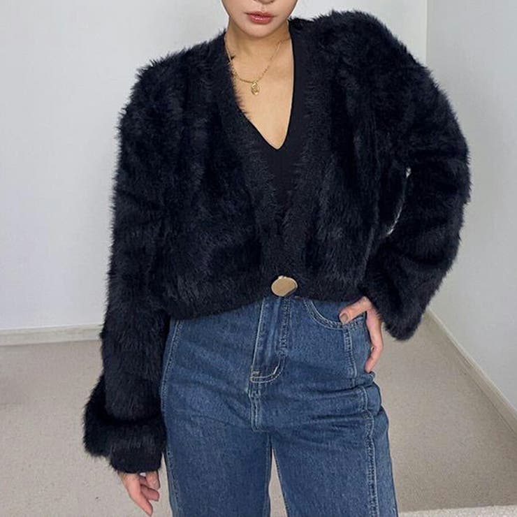ふわふわモヘアタッチショートカーディガン ショート丈 フェイクファー