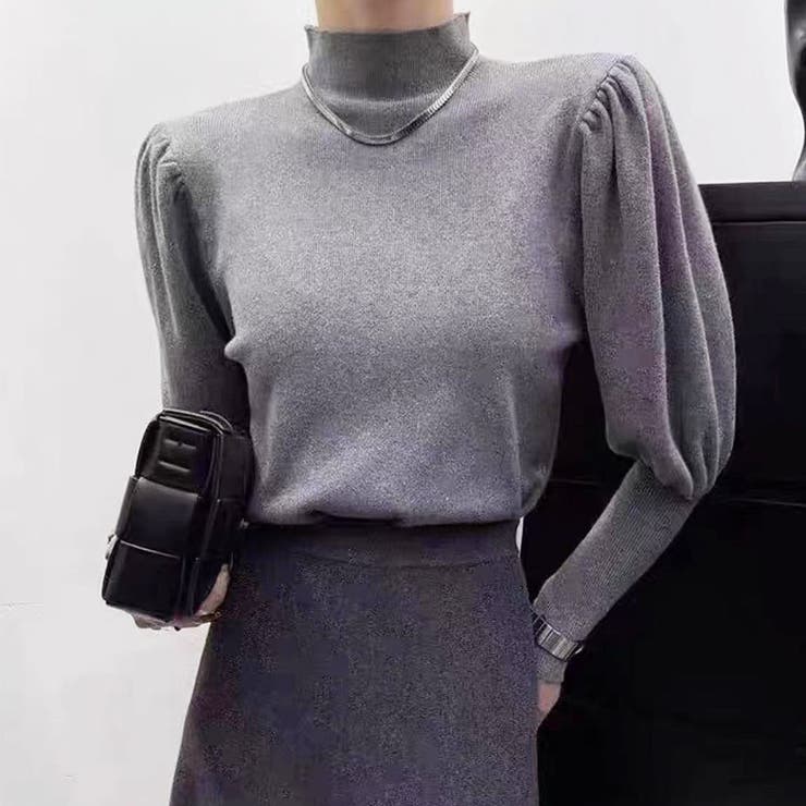 グレー | パワーショルダーニット モックネック パフスリーブ | SLENDER