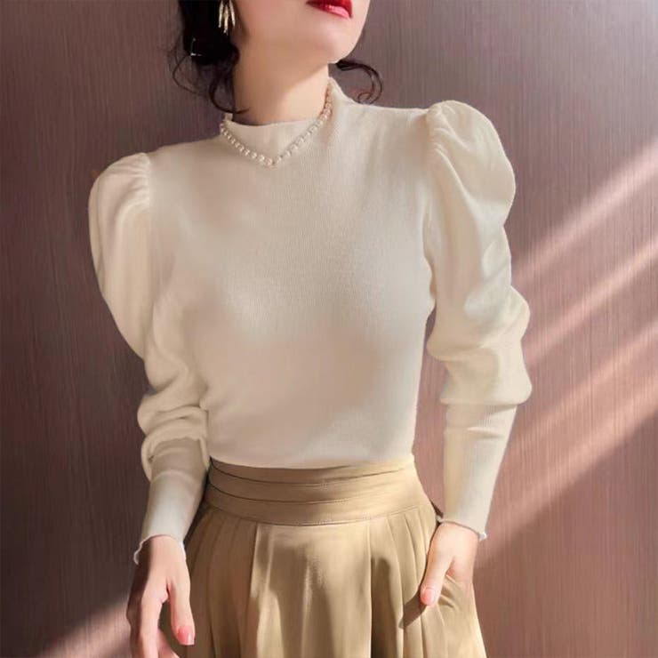 アイボリー | パワーショルダーニット モックネック パフスリーブ | SLENDER