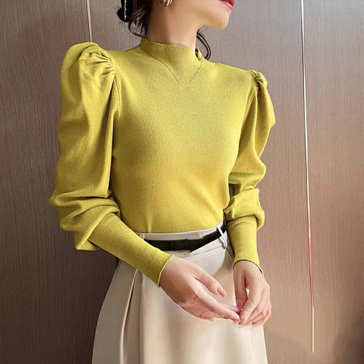 イエロー | パワーショルダーニット モックネック パフスリーブ | SLENDER