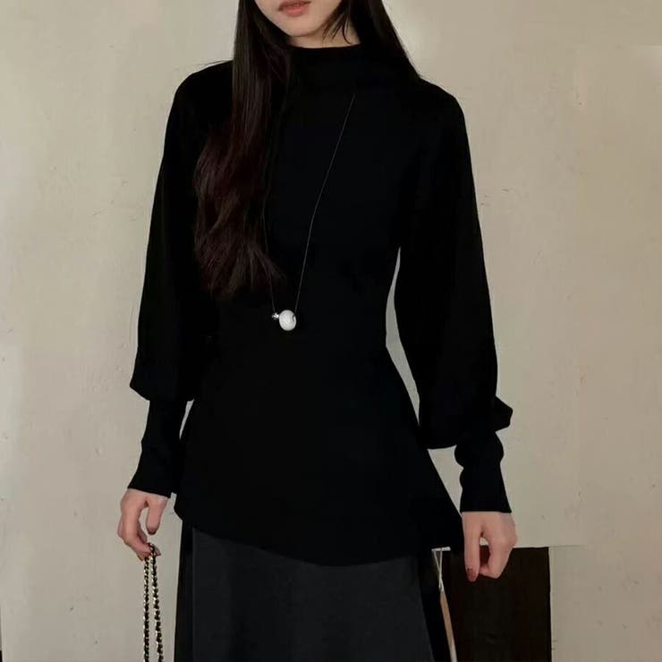 ブラック | ペプラムハイネックニット 体型カバー 大人可愛い | SLENDER