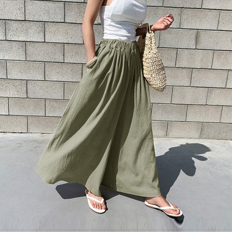 カーキ | コットン100％フレアワイドパンツ リネンタッチ リネン風 | SLENDER