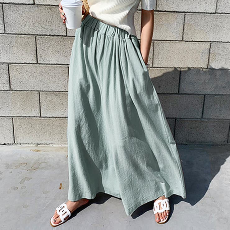 ミント | コットン100％フレアワイドパンツ リネンタッチ リネン風 | SLENDER