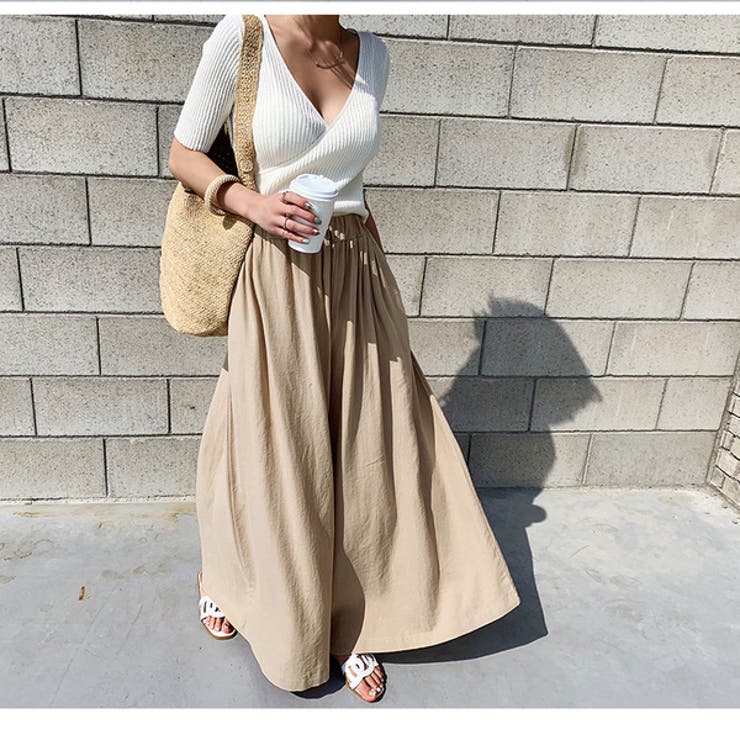 ベージュ | コットン100％フレアワイドパンツ リネンタッチ リネン風 | SLENDER