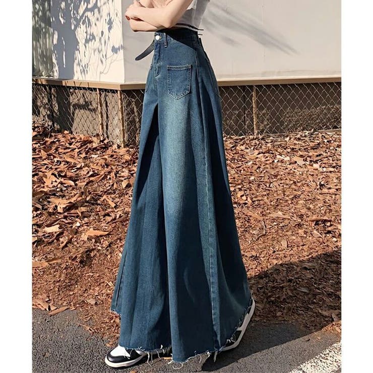 ハイウエストデニムスーパーワイドパンツ カットオフ ロング丈[品番