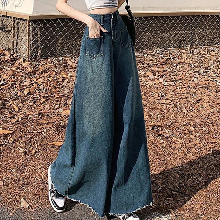 ハイウエストデニムスーパーワイドパンツ カットオフ ロング丈[品番