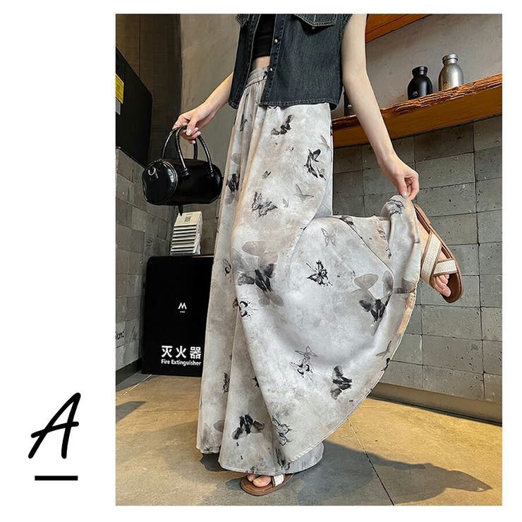スカート風シフォンワイドパンツ 水墨画風 バタフライ | SLENDER | 詳細画像2 
