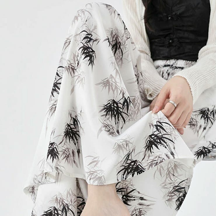 B（竹） | スカート風シフォンワイドパンツ 水墨画風 バタフライ | SLENDER