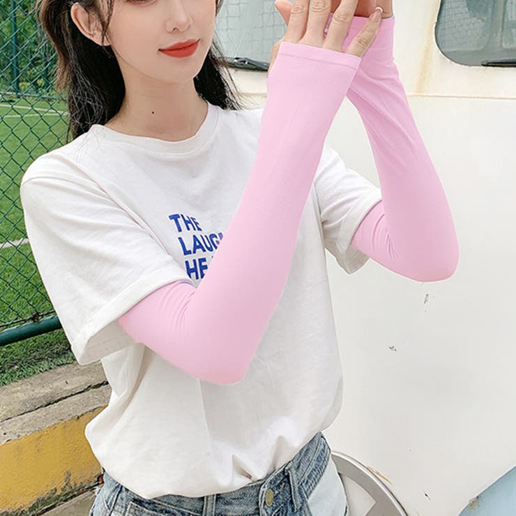 ピンク | 冷感UVアームカバー 指穴あり アイスシルク | SLENDER