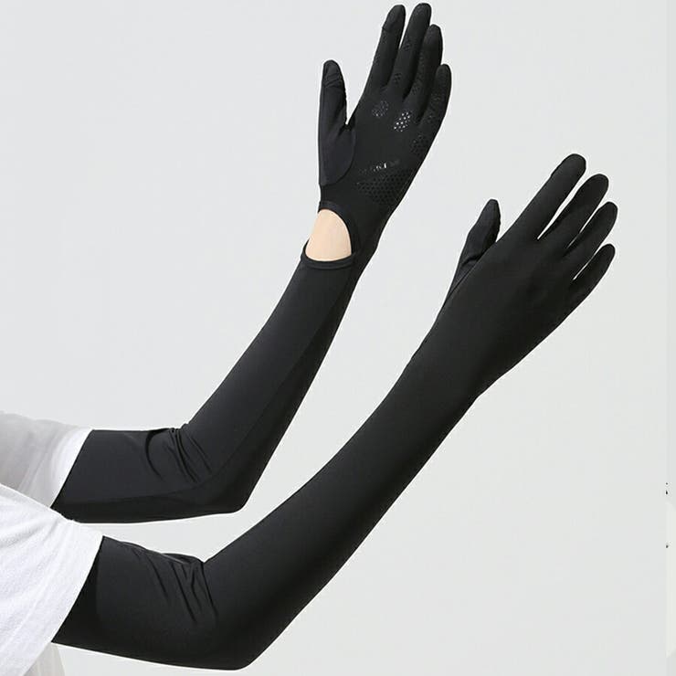 ブラック | 指先までしっかりUV手袋仕様ロングアームカバー 滑り止め付き手袋 接触冷感 | SLENDER