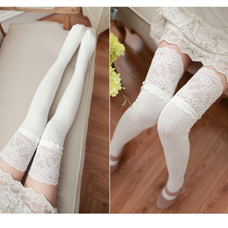 リブ×レース切り替えニーハイソックス コットン素材 セクシー | SLENDER | 詳細画像9 